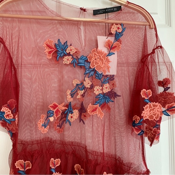 🌹 ZARA Red Embroidered Floral Sheer Tulle Mesh Overlay Ruffle Peplum Top - Picture 6 of 11